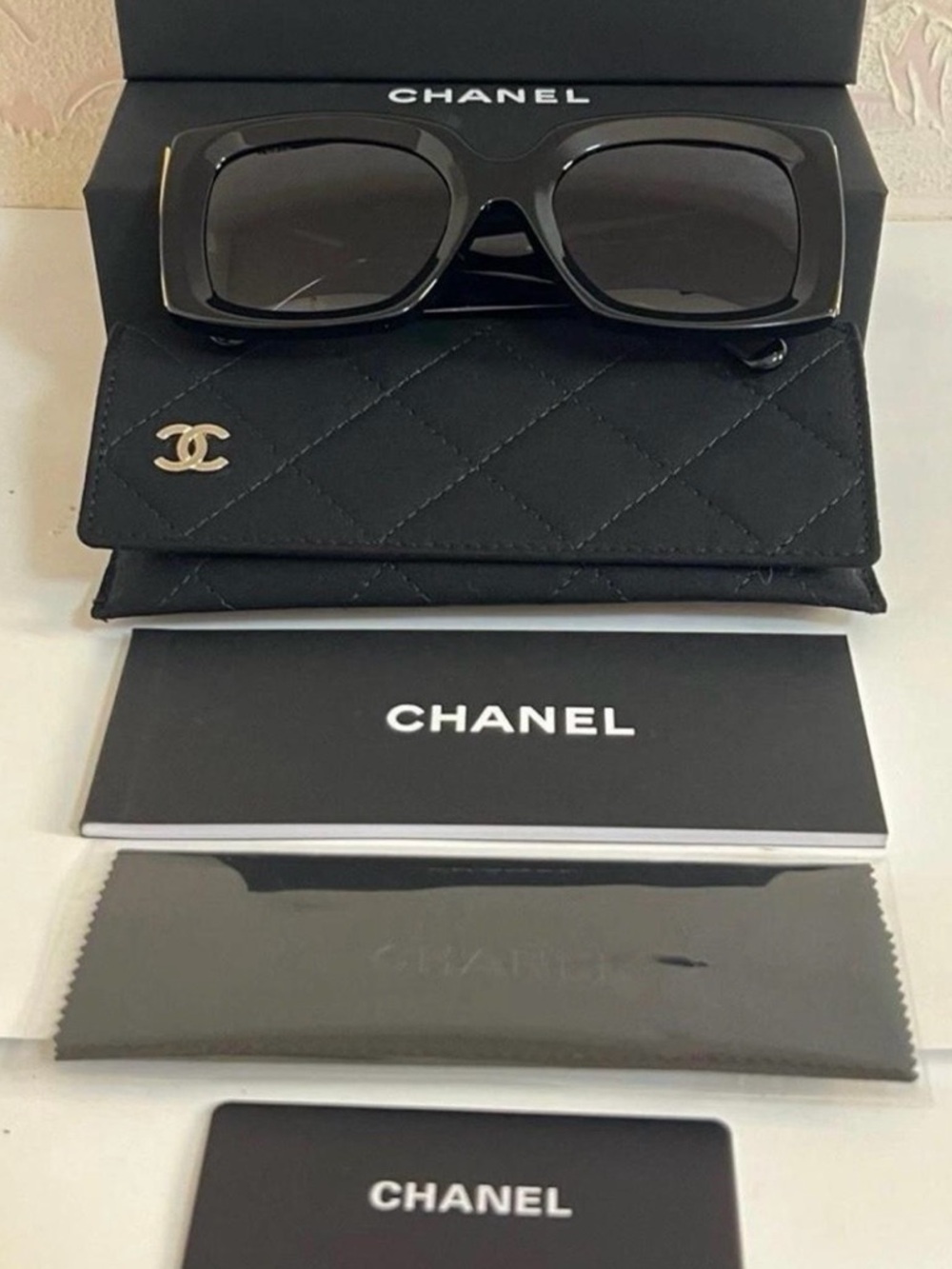 CHANEL Black Oversized Square Sunglasses with Quilted Logo Case